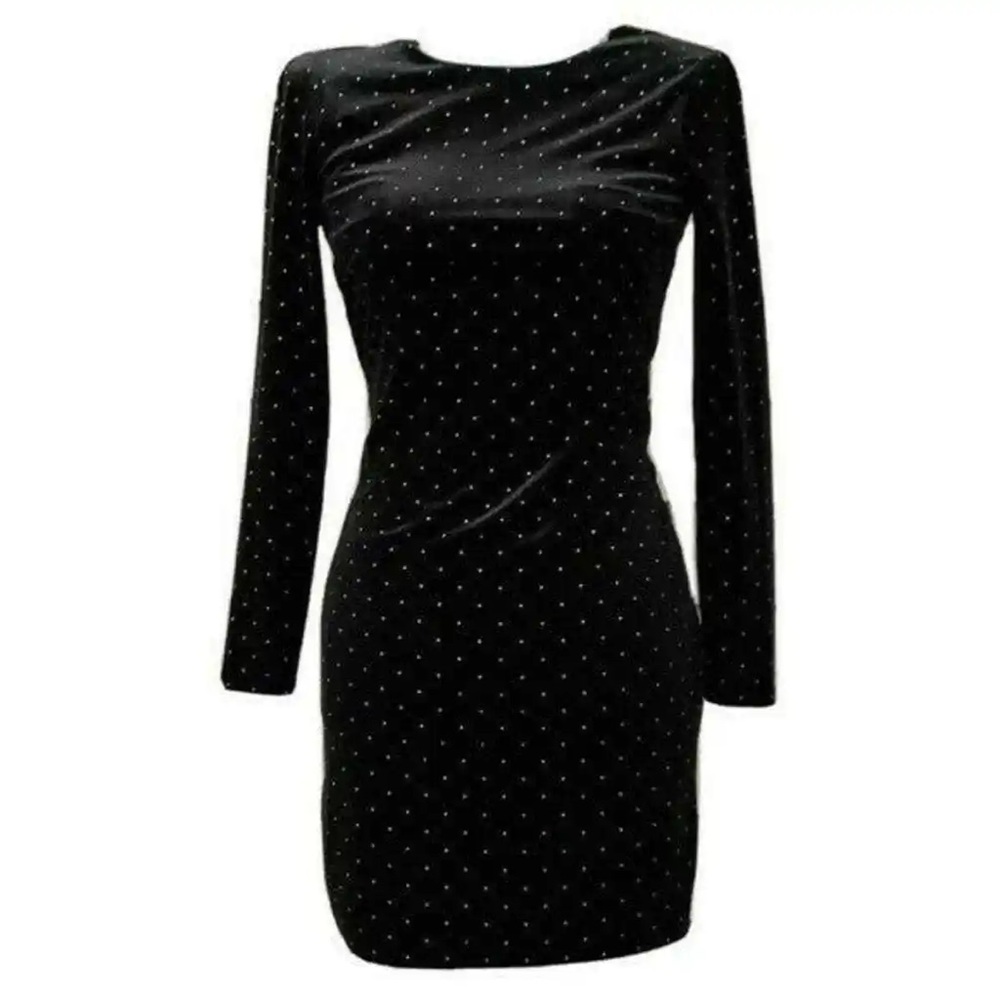 Black velvet with gold studding. Mid length, half sleeve, round neck line.